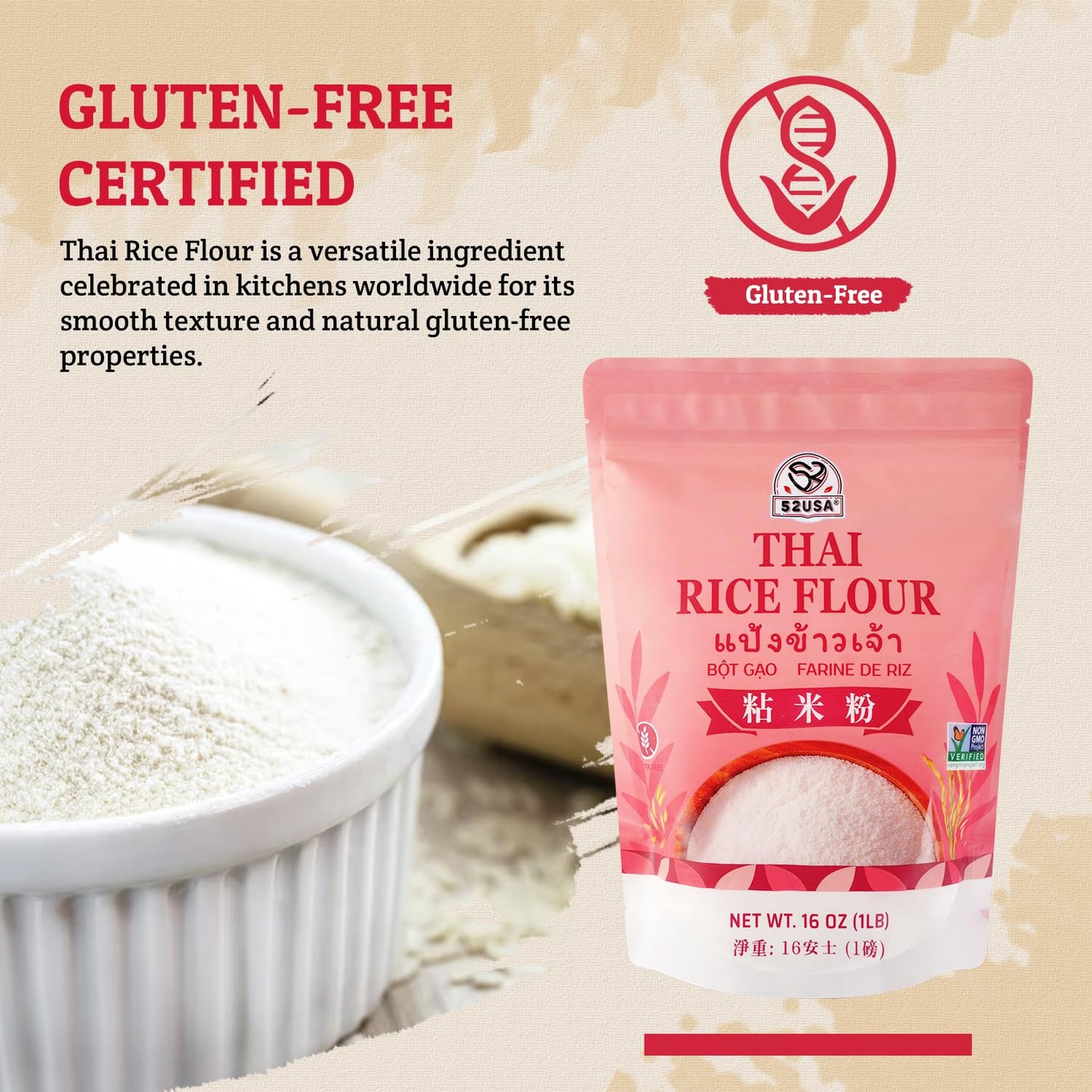 52USA Thai Rice Flour 1 Pound, 16 Oz (Pack of 1), Product of THAILAND | Rice Flour for Baking or Cooking, All Natural, White Rice Flour