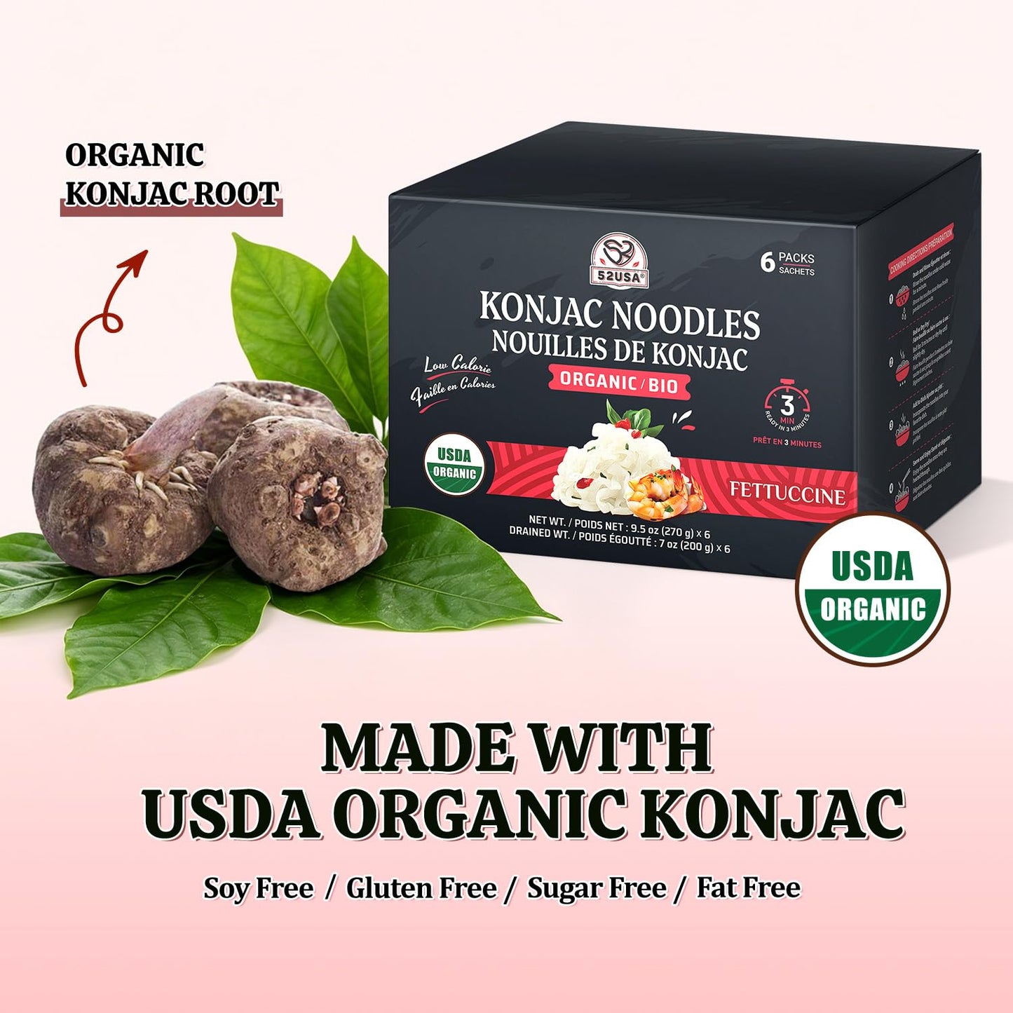 52USA USDA Organic Konjac Fettuccine Noodle, 6 Pack (52.8 oz Total) Low Carb Pasta Konjac Noodles, Keto and Paleo Friendly, Vegan, Gluten-Free, Sugar-Free Shirataki Noodles, Ready to Eat