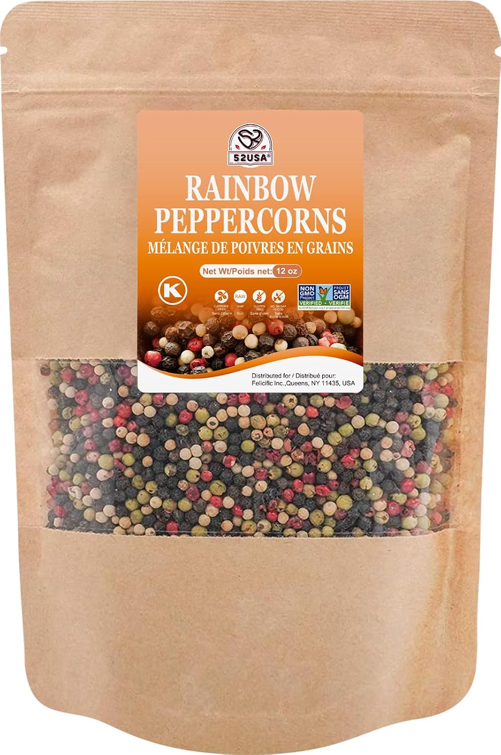 Click to see full view 52USA Rainbow Peppercorns, 12oz, Peppercorn for Grinder Refill, Whole White Pepper corns, Red Peppercorn, Black Peppercorns, Mixed Peppercorns, Rainbow Pepper Mix