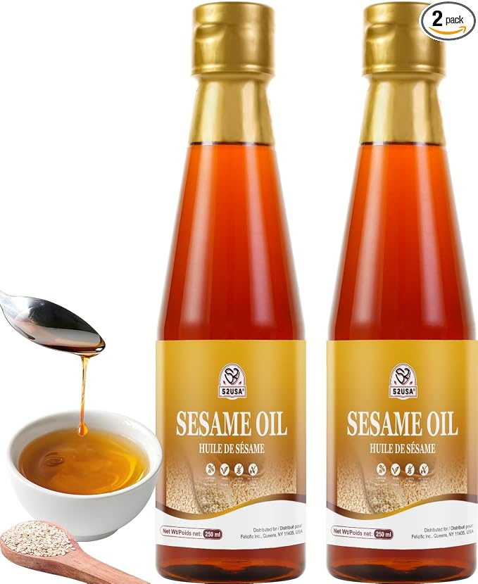 52USA Sesame Oil, Toasted Sesame Oil, 100% Pure for Cooking, 8.45 Fl oz*2 Pure Sesame Seed Oil, No Additives, Aromatic Nutty Flavor, Great for Asian Cooking, Baking, Stir Fry, Soup, Homemade
