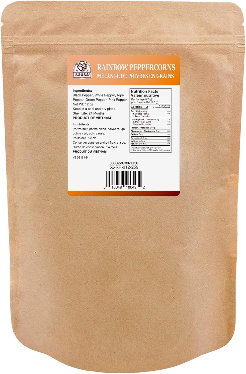 Click to see full view 52USA Rainbow Peppercorns, 12oz, Peppercorn for Grinder Refill, Whole White Pepper corns, Red Peppercorn, Black Peppercorns, Mixed Peppercorns, Rainbow Pepper Mix