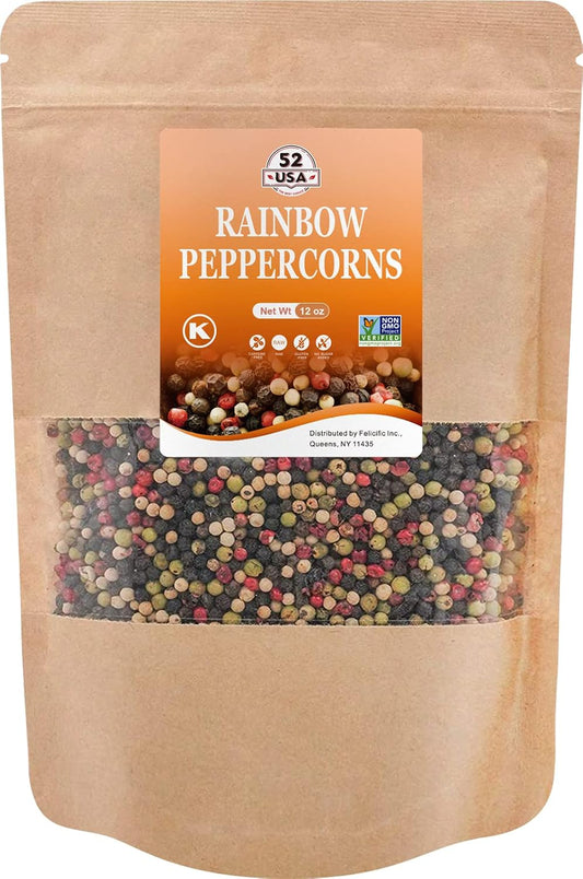 Click to see full view 52USA Rainbow Peppercorns, 12oz, Peppercorn for Grinder Refill, Whole White Pepper corns, Red Peppercorn, Black Peppercorns, Mixed Peppercorns, Rainbow Pepper Mix