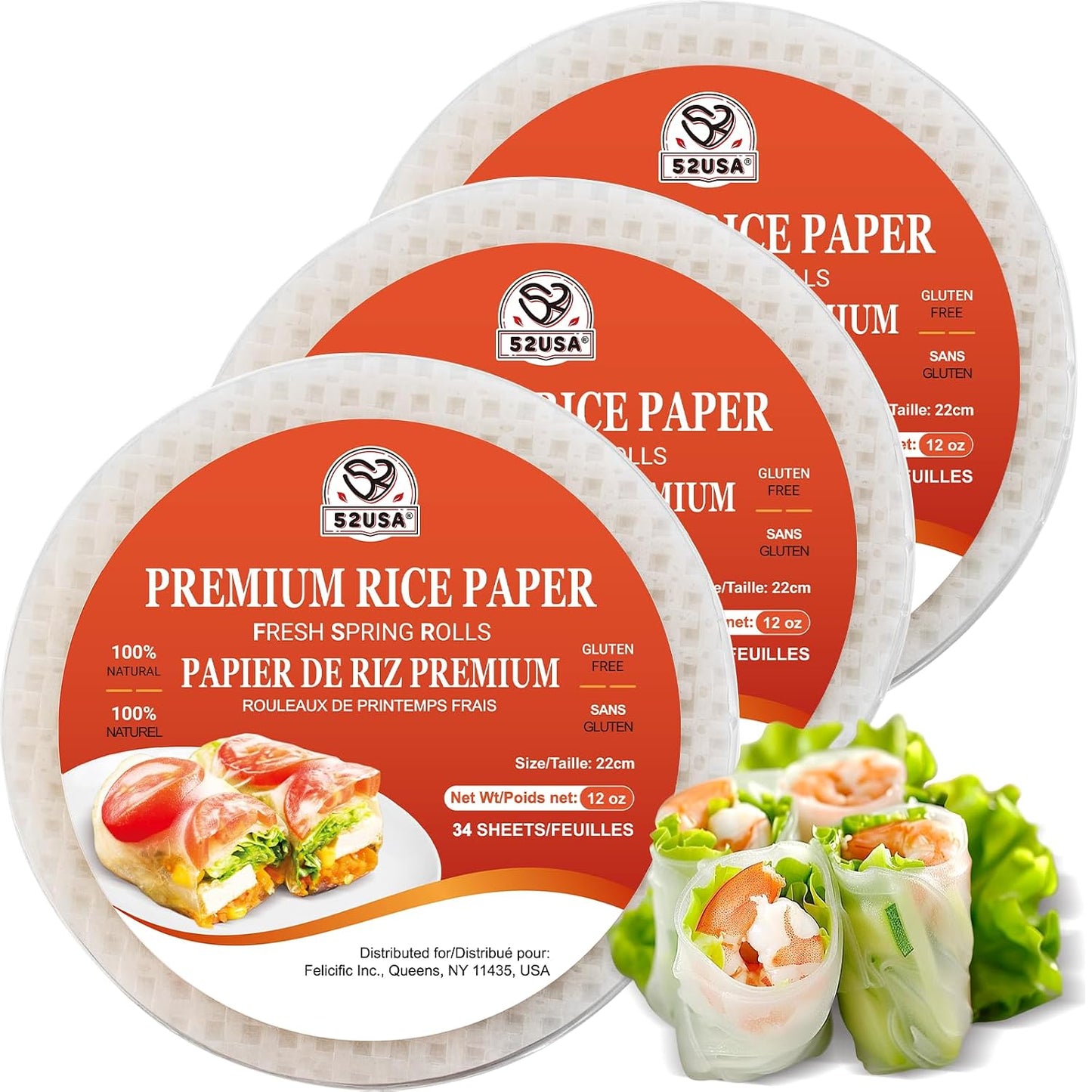 52USA Rice Paper, 3 Pack 102 Sheets, Spring Roll Wrappers & Dumpling Gluten Free, Wonton Wrappers, Vegan, Low Carb, Vietnamese Rice Wraps (Round, 22cm)