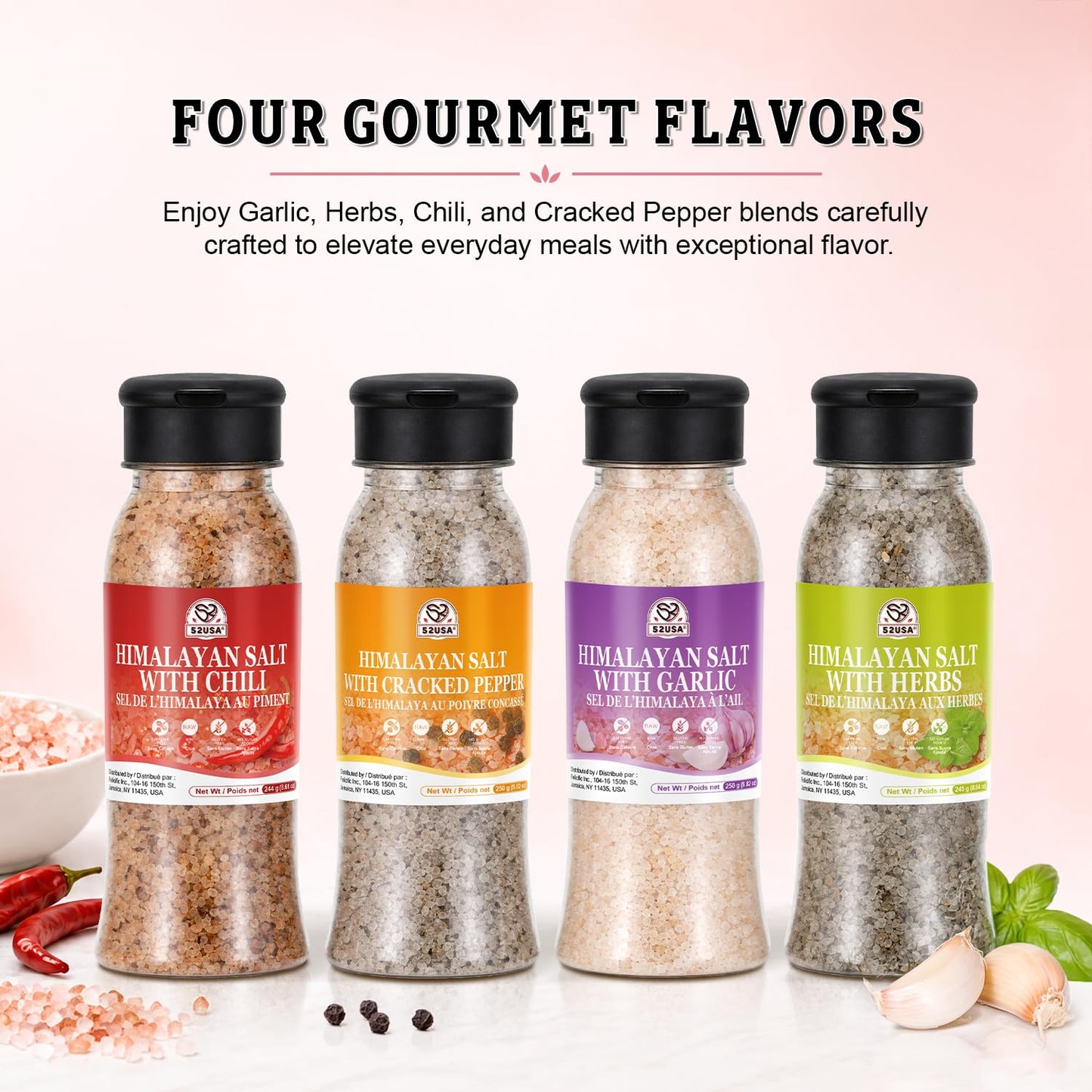 52USA Seasoned Himalayan Salt Gift Set 4 packs, Seasoned Salt Blend | Himalayan Pink Salt with Black Pepper, Garlic, Chili, Herbs and Sea Salt, All Purpose Spice Blends for Meat, Seafood & Veggy