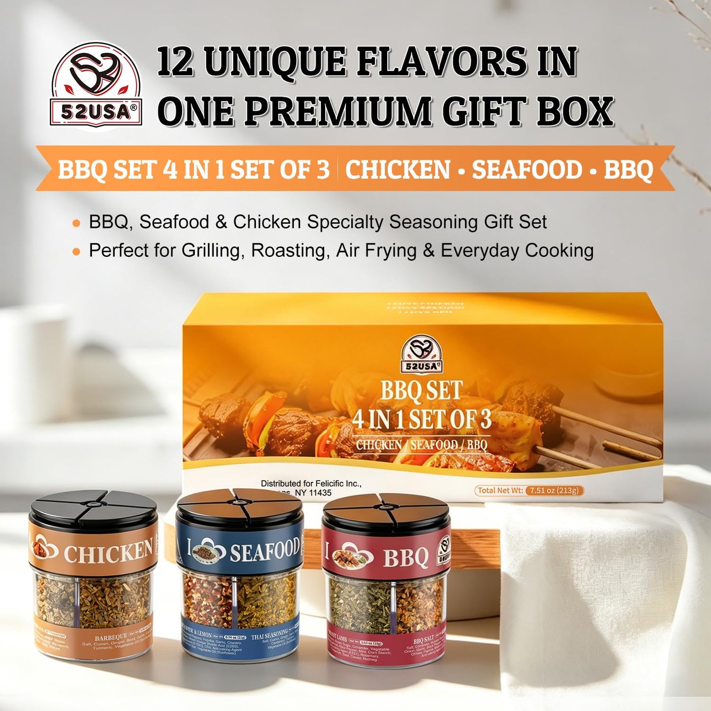 52USA BBQ Seasoning Set 4-in-1, Pack of 3, Includes Chicken, Seafood & BBQ Rubs for Grilling, Cooking & Barbecue