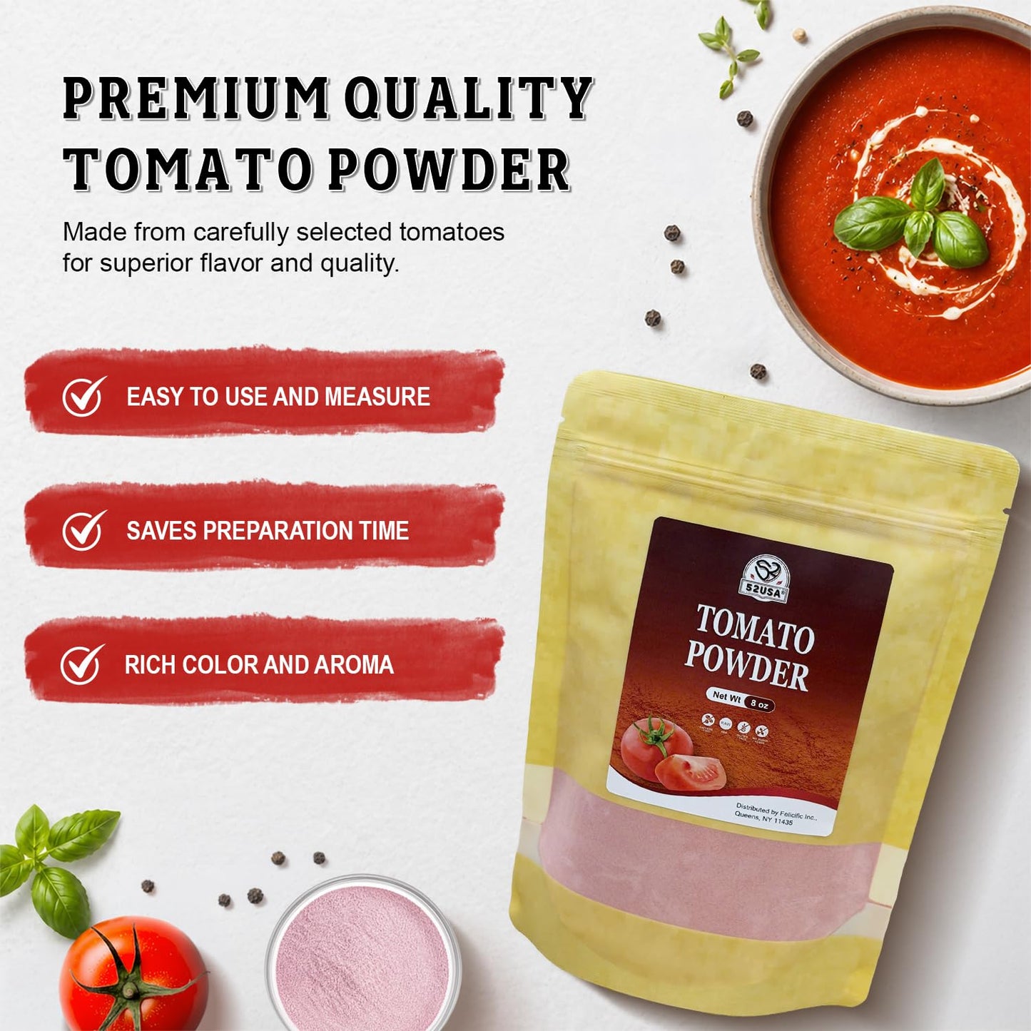 52USA Tomato Powder, 8oz, Dehydrated Tomato Powder for Cooking, Sauce, Soup, Pasta & Pizza– Rich Tomato Flavor, Fine Tomatoes Powder, Non-GMO, Vegan, Gluten Free