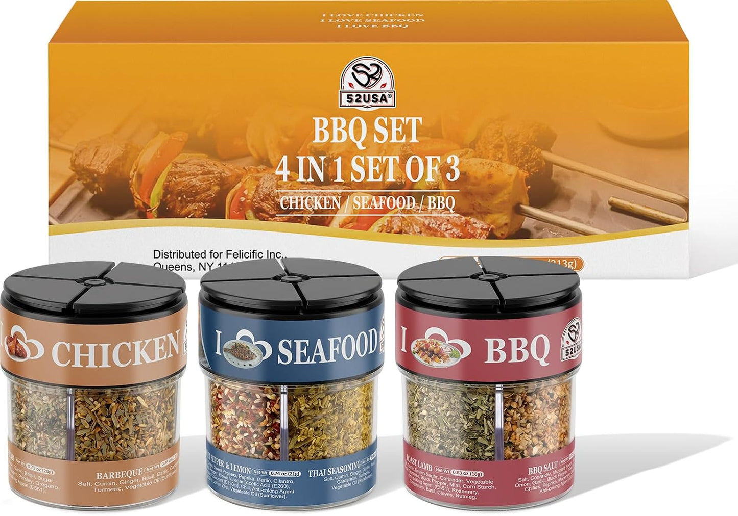 52USA BBQ Seasoning Set 4-in-1, Pack of 3, Includes Chicken, Seafood & BBQ Rubs for Grilling, Cooking & Barbecue