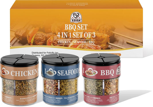 52USA BBQ Seasoning Set 4-in-1, Pack of 3, Includes Chicken, Seafood & BBQ Rubs for Grilling, Cooking & Barbecue