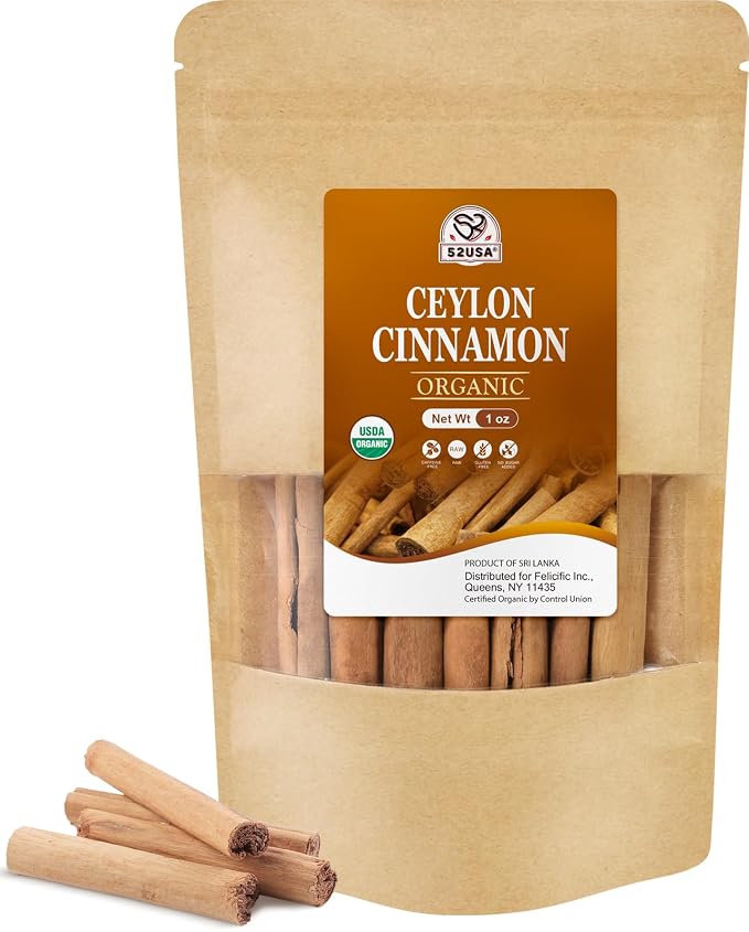 52USA Organic Ceylon Cinnamon Sticks, 1 Ounce (Pack of 1) | True Cinnamon Farmed in Sri Lanka, Whole Cinnamon Sticks Bulk, Vegan, Non GMO, 28g