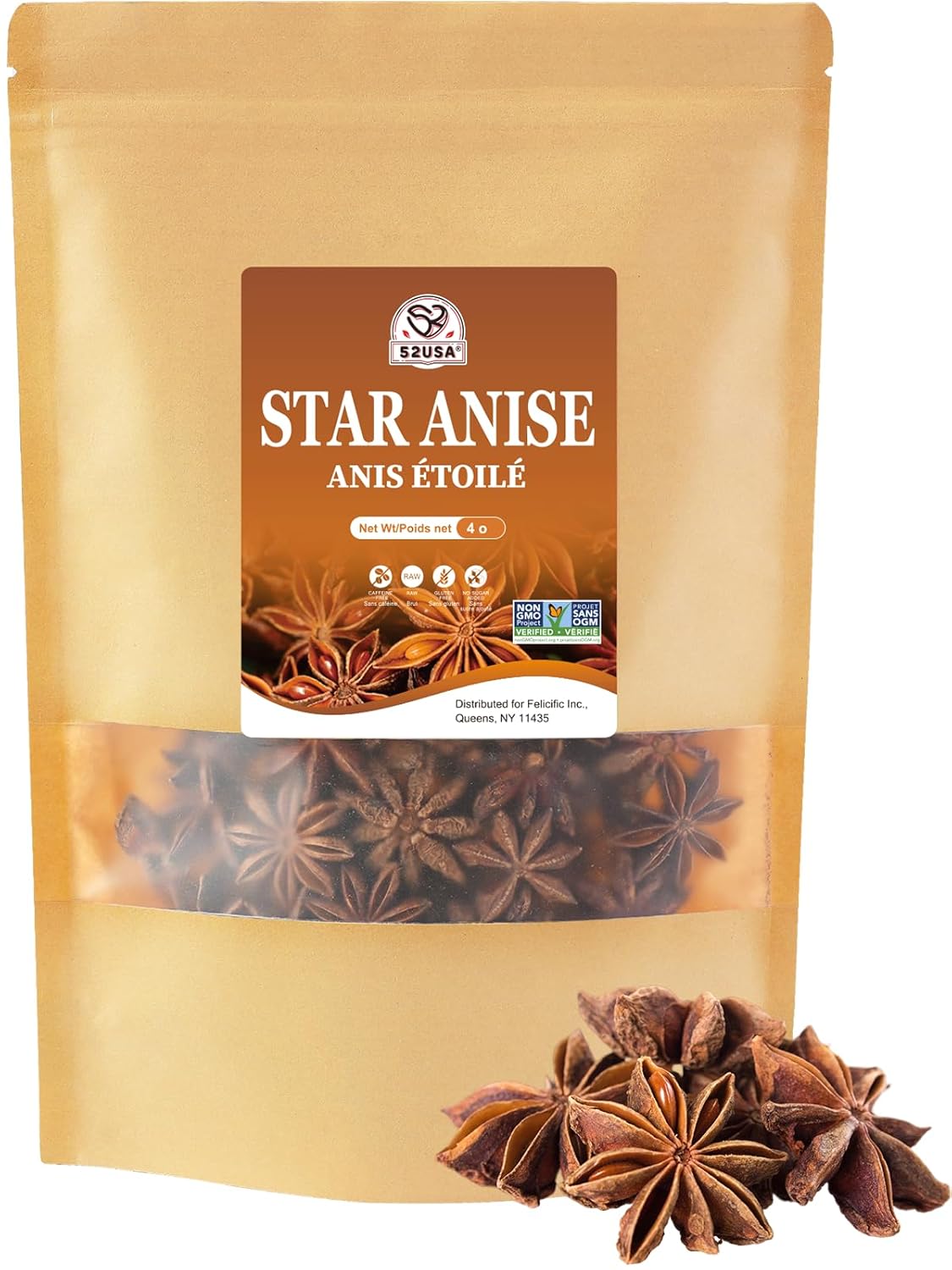 52USA Star Anise Whole, 4 Ounce (Pack of 1), NON-GMO Verified Chinese Star Anise Whole, Dried Star Anise Pods for Tea and baking
