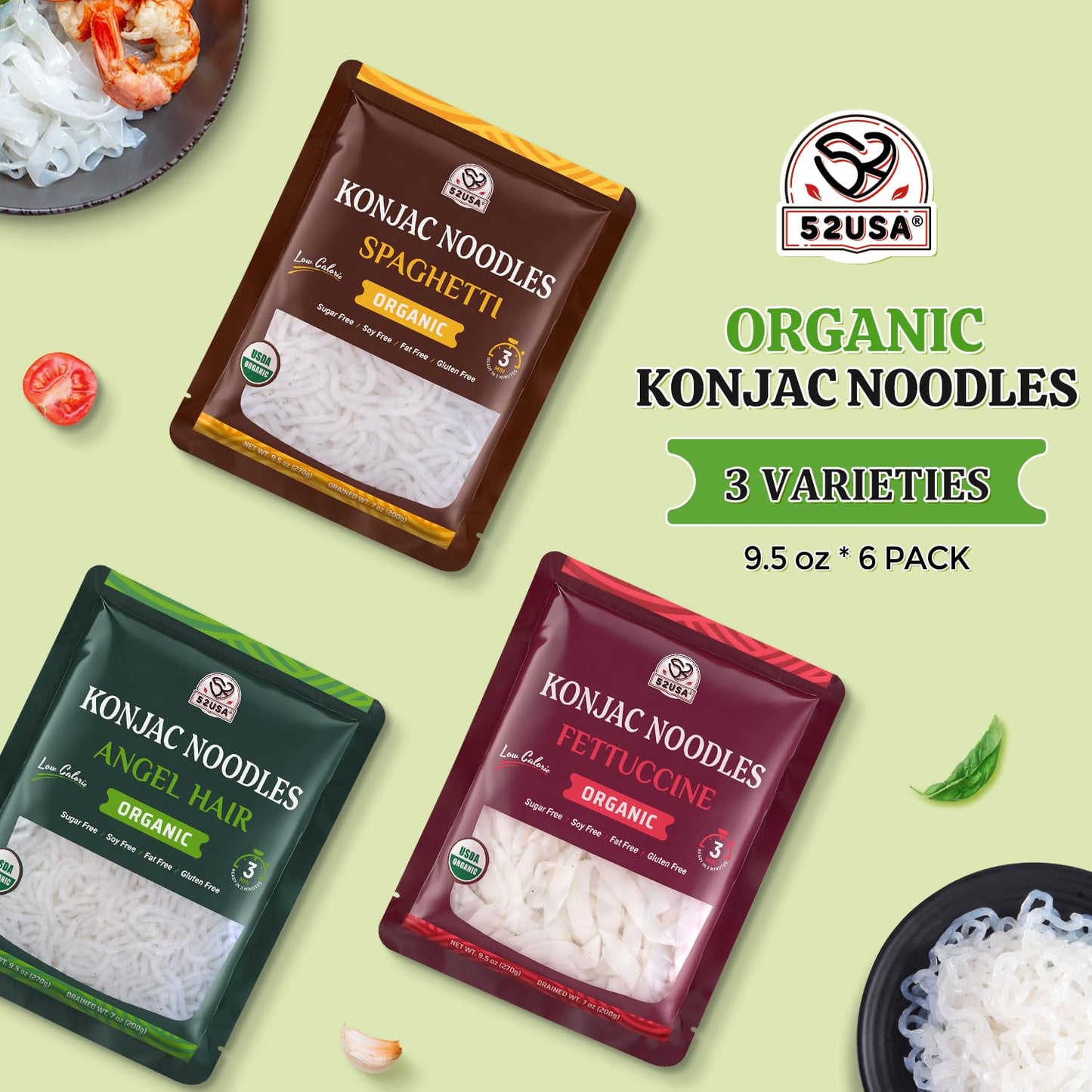 52USA USDA Organic Konjac Shirataki Noodle, Low Carb Pasta 52.8 Oz, 6 Pack 3 Variety-Angel Hair, Fettuccine, Spaghetti Noodles, Keto and Paleo Friendly, Low Calorie, Sugar Free, Vegan, Ready to Eat
