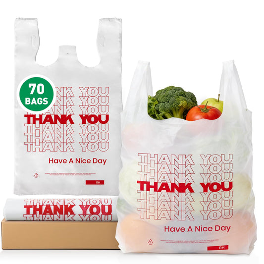 52USA Thank You Plastic Bags, Tee Shirt Bag with Handles (70 Count),White Plastic Shopping Bags (11.5" x 6.5" x 21") -Reusable Plastiic Bags for Grocery, Retail & Takeout, Made in US