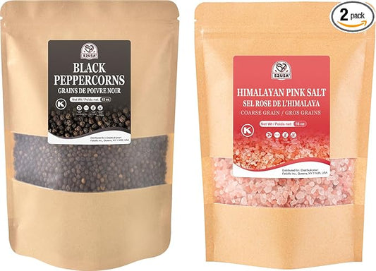 52USA Whole Black Peppercorns 12 oz + Himalayan Pink Salt Coarse 16oz - Salt and Pepper Grinder, Black Peppercorn Refil, No Artificial Colors & Additives, Kosher Salt for Grinder, Spice Seasoning Set