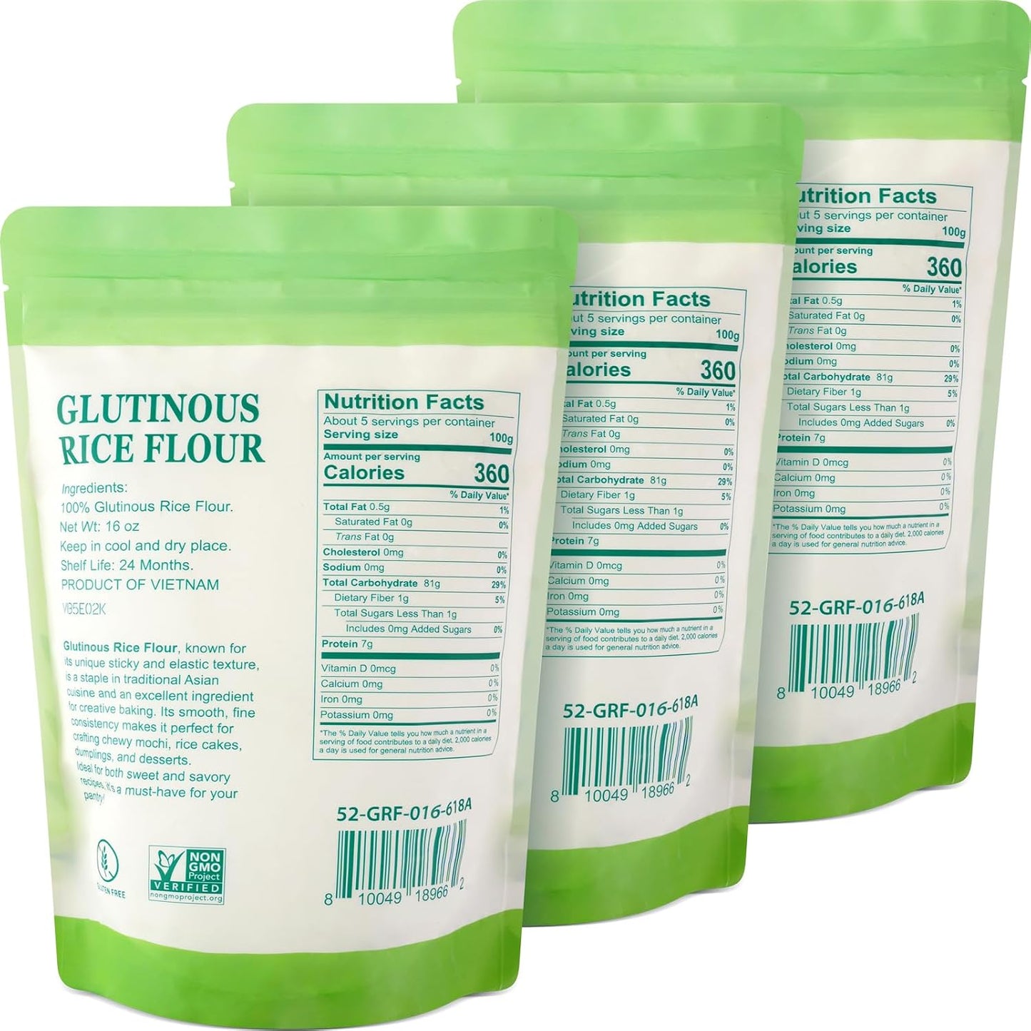52USA Glutinous Rice Flour 48 Ounce (Basic), 1 Pound (Pack of 3), Rice Flour for Baking or Cooking, Product of THAILAND, All Natural White Rice Flour, Vegan | All Natural, Vegan, White Rice Flour for Baking or Cooking