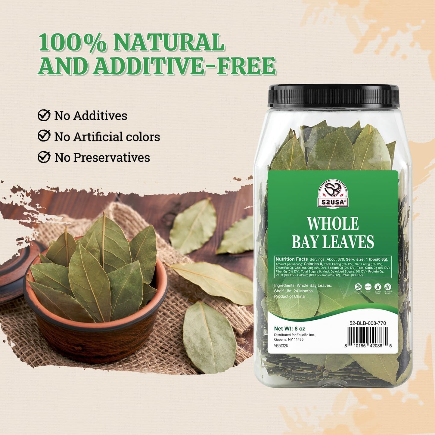 52USA Bay Leaves Whole, 8 oz, Dried Bay Leaves, All Natural, Gluten Free, Caffeine Free, No Sugar, Laurel Herbs for Cooking