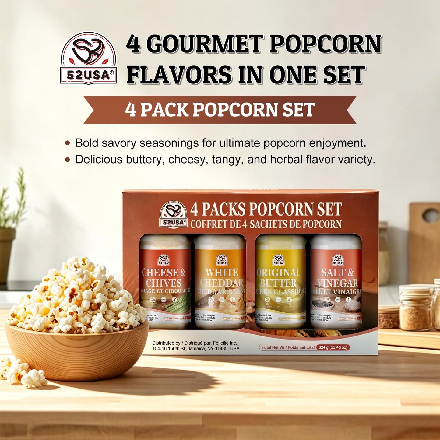 52USA Popcorn Seasoning Set, Multi-Flavor Variety Pack, Popcorn Spice Set | White Cheddar Cheese, Original Butter, Cheese & Chives, Salt & Vinegar, Old Fashioned (Pack of 4)