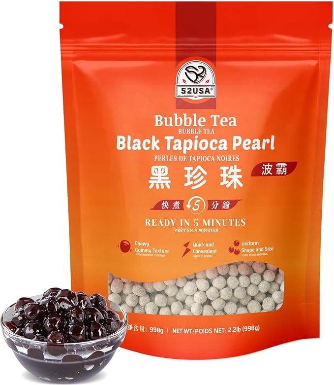 52USA Boba Tapioca Pearls 2.2LB, Fresh Bubble Tea Pearl Quick Cook Black Plearls for Milk Tea, Smoothies, Desserts and Drinks-Ready in 5 Minutes
