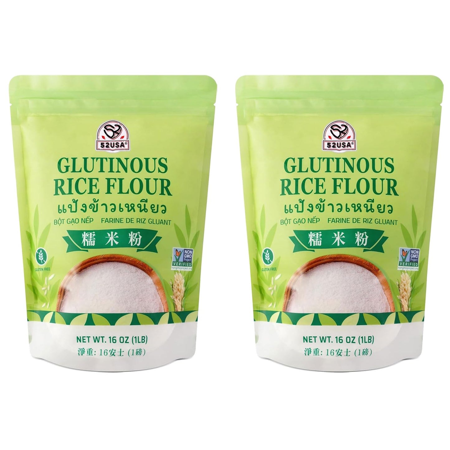 52USA Glutinous Rice Flour 32 Ounce, 2 LB (Pack of 2), Product of THAILAND | All Natural, Vegan, White Rice Flour for Baking or Cooking