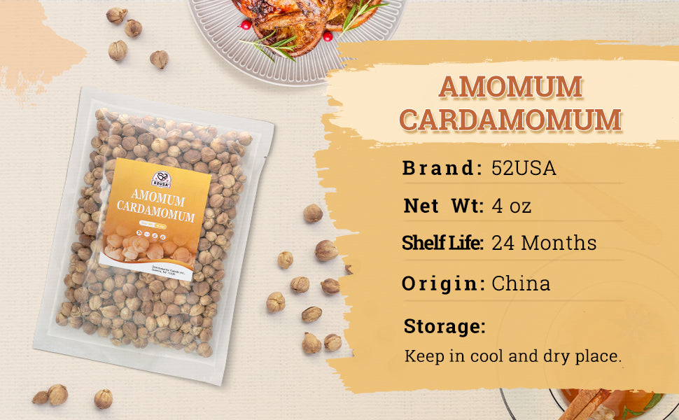 52USA Cardamom Pods, White Cardamom, 4oz–NON GMO Verified, Amomum Cardamomum, Bai Dou Kou, White Cardamom Seeds, Aromatic & Natural, Aromatic Spice for Cooking, Herbal Tea & Traditional Remedies