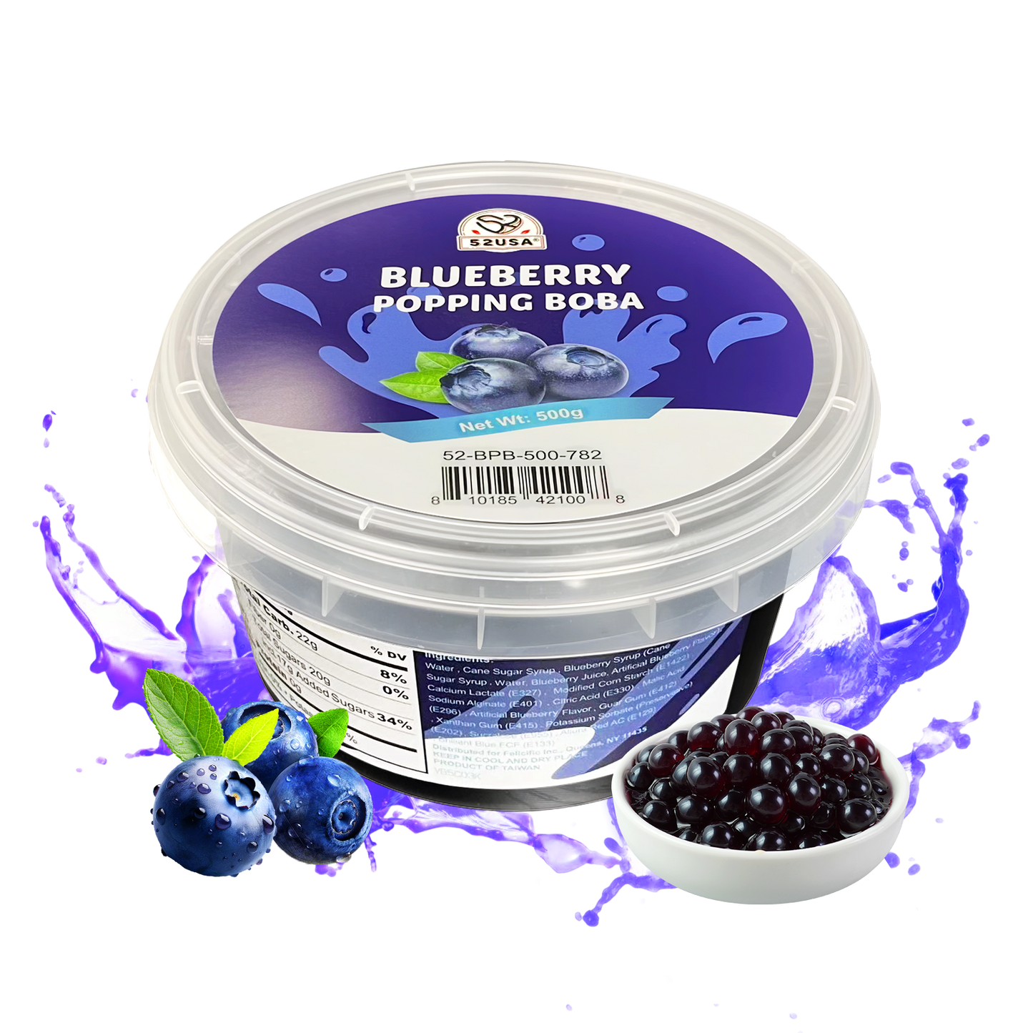52USA Blueberry Popping Boba (500g), Popping Pearls for Bubble Tea, Beverages, Sweets, Ice Cream, Shakes, Desserts & Smoothies Topping, 1.1 Pound (Pack of 1)
