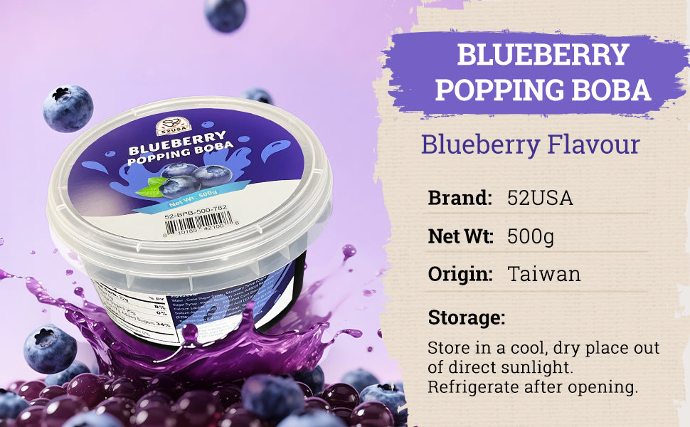 52USA Blueberry Popping Boba (500g), Popping Pearls for Bubble Tea, Beverages, Sweets, Ice Cream, Shakes, Desserts & Smoothies Topping, 1.1 Pound (Pack of 1)