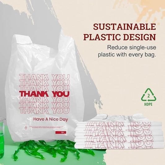 52USA Thank You Plastic Bags, White Plastic Shopping Bags (11.5" x 6.5" x 21") Reusable Plastiic Bags for Grocery, Retail & Takeout, Tee Shirt Bag with Handles (210 Count), Made in US