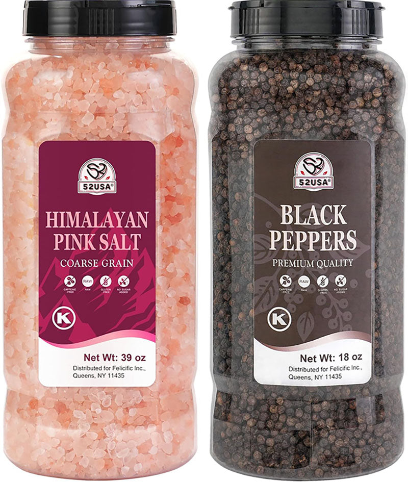52USA Whole Black Peppercorn 18 Oz + Himalayan Pink Salt 39 Oz Coarse Grain Salt and Pepper Grinder, Black Pepper Grain Refill, Kosher, Pink Himalayan Sea Salt, 2-Piece Set