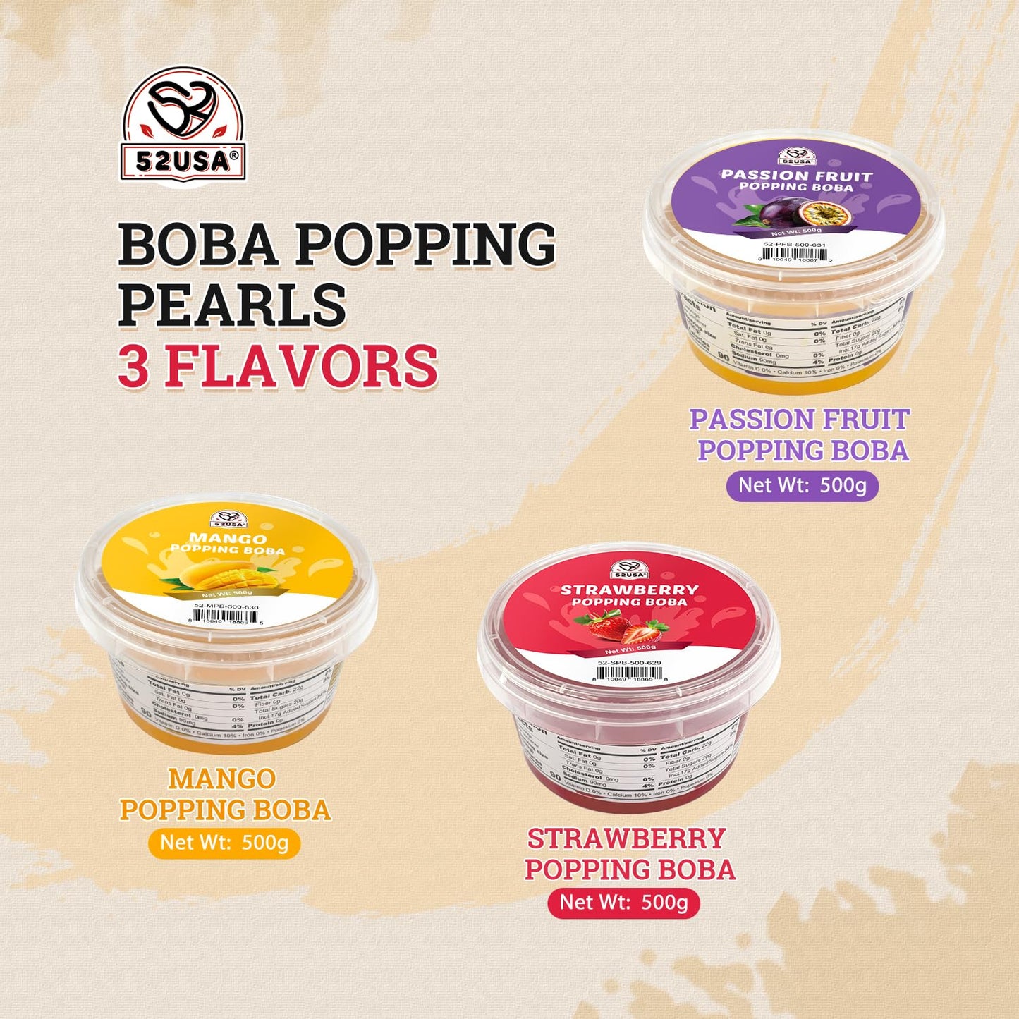 52USA Strawberry, Mango, Passion Fruit Popping Boba Pearls, Perfect for Bubble Tea, Smoothies, Ice Cream, Desserts, and Beverages 3.3 lb (1.1 lb X 3)