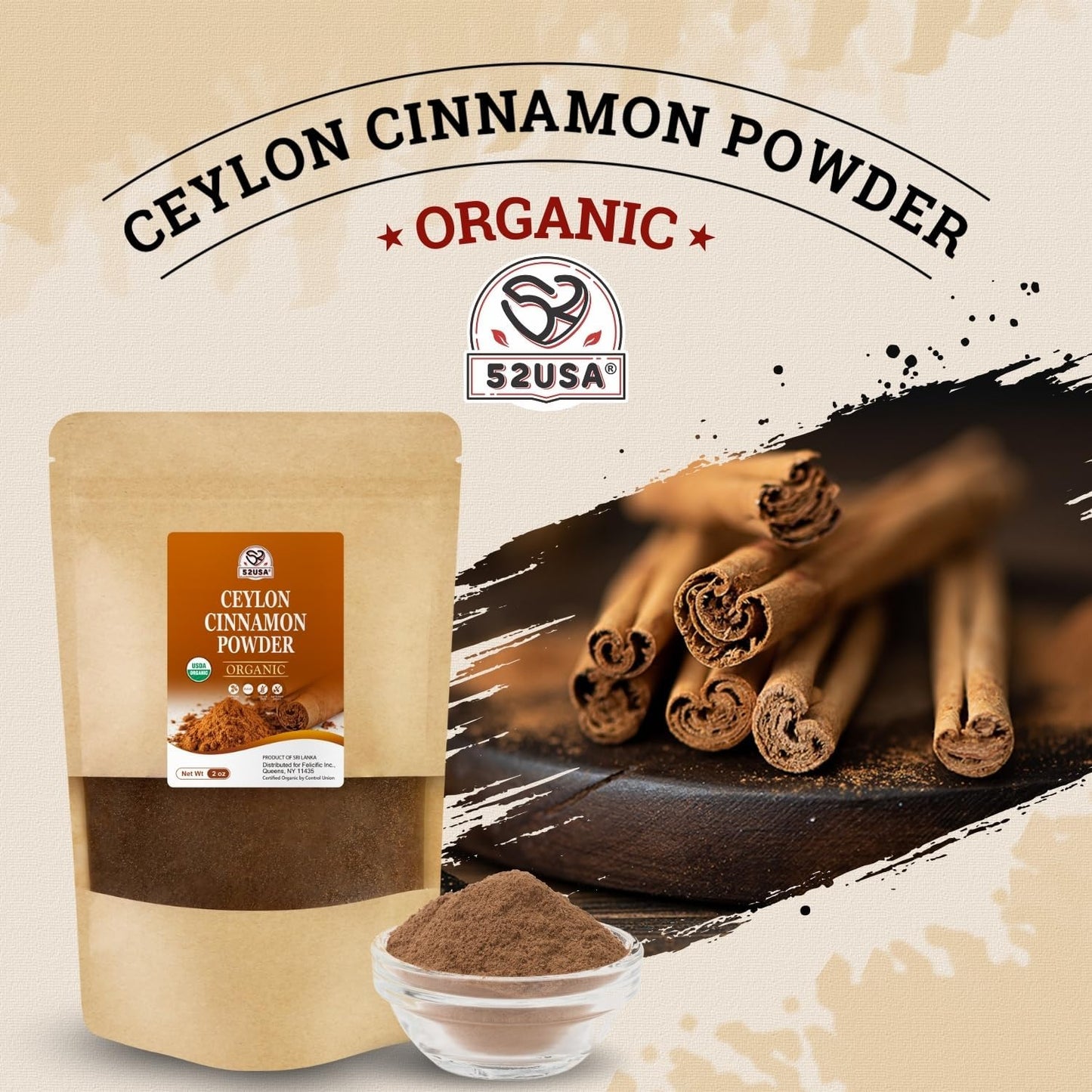 52USA Organic Ceylon Cinnamon Powder, 2oz | True Cinnamon from Sri Lanka, Non-GMO, Gluten-Free, Freshly Packed for Baking, Cooking & Beverages