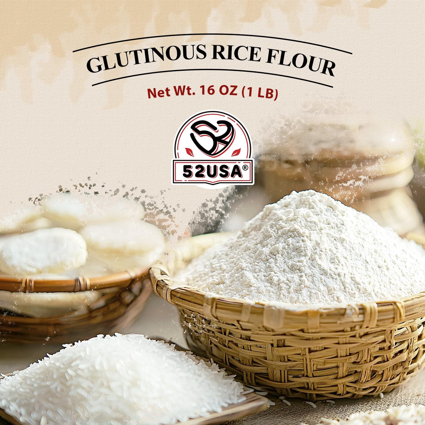 52USA Glutinous Rice Flour 48 Ounce (Basic), 1 Pound (Pack of 3), Rice Flour for Baking or Cooking, Product of THAILAND, All Natural White Rice Flour, Vegan | All Natural, Vegan, White Rice Flour for Baking or Cooking