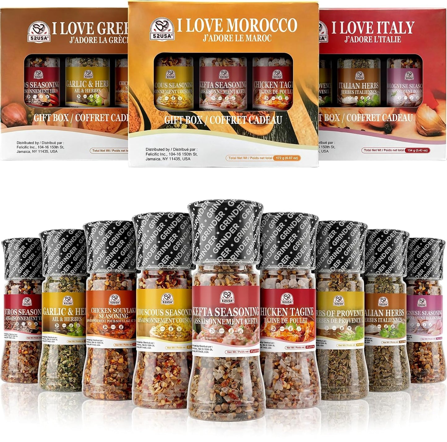52USA Spice Grinder Seasoning Set of 9, Medfusion Seasoning Set, Assorted Regional Seasoning Blends, All Purpose 9-in-1 Blend for Cooking, Grilling, Marinating & Daily Kitchen Use