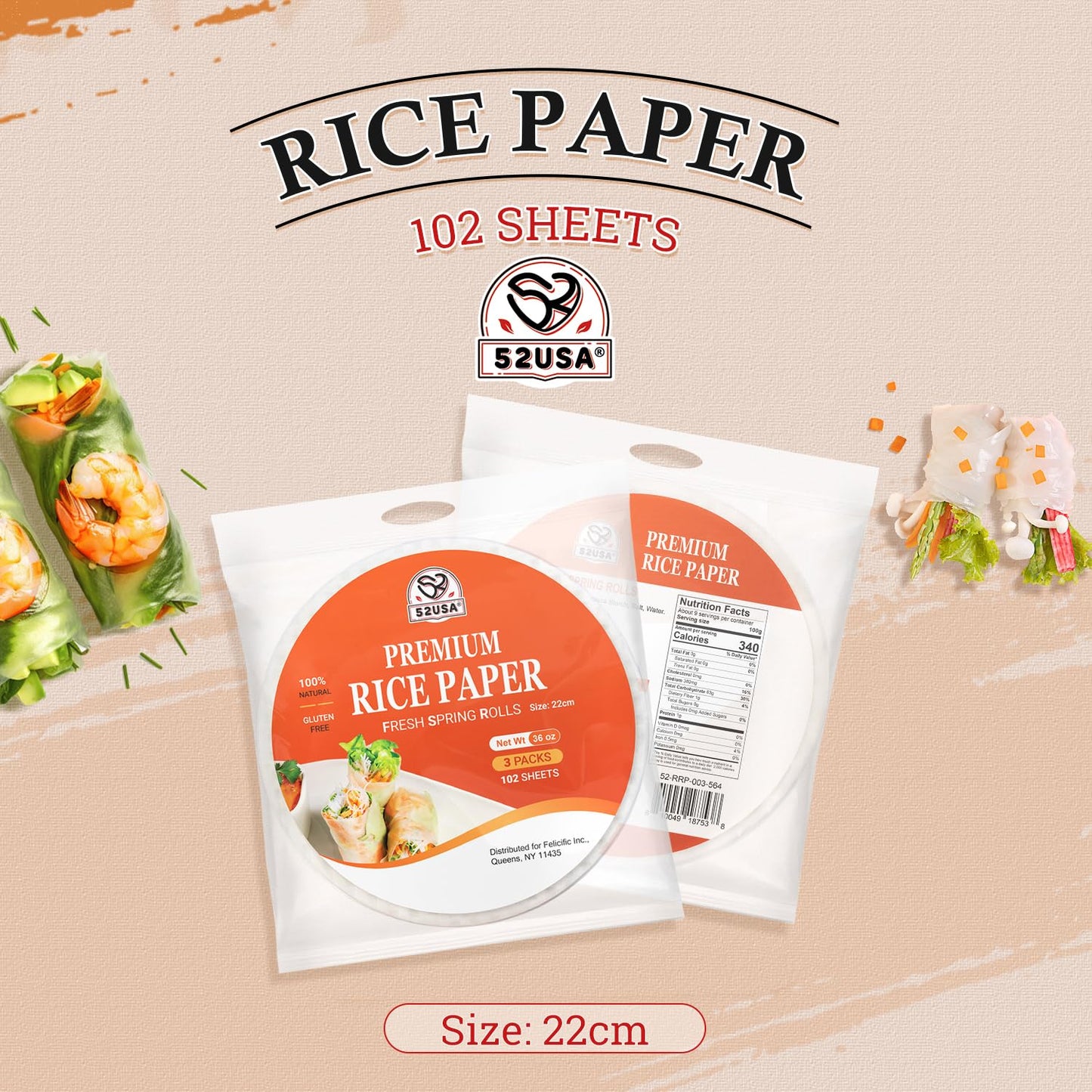 52USA Rice Paper, 3 Pack 102 Sheets, Spring Roll Wrappers & Dumpling Gluten Free, Wonton Wrappers, Vegan, Low Carb, Vietnamese Rice Wraps (Round, 22cm)