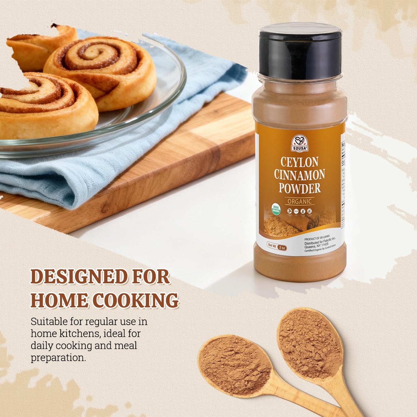52USA Organic Ceylon Cinnamon Powder, 2oz, Perfect for Baking and Cooking | Sri Lanka Source, USDA & Kosher Certified, Pure Ceylon Cinnamon Powder, Non-GMO, Gluten-Free, Ground Cinnamon Powder