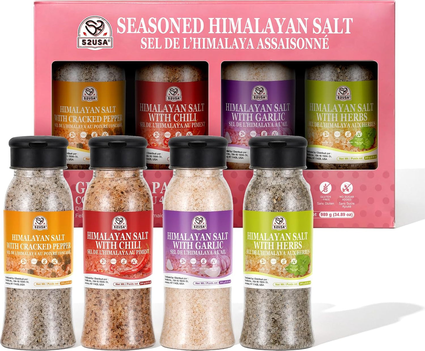52USA Seasoned Himalayan Salt Gift Set 4 packs, Seasoned Salt Blend | Himalayan Pink Salt with Black Pepper, Garlic, Chili, Herbs and Sea Salt, All Purpose Spice Blends for Meat, Seafood & Veggy