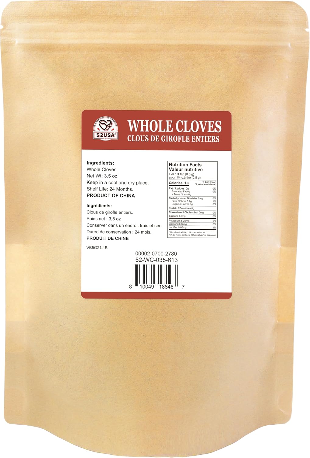 52USA Cloves Whole 3.5 Oz (Pack of 1), Great for Food, Tea, Baking and Meat | All Natural, Non GMO, Kosher, Vegan, Gluten Free
