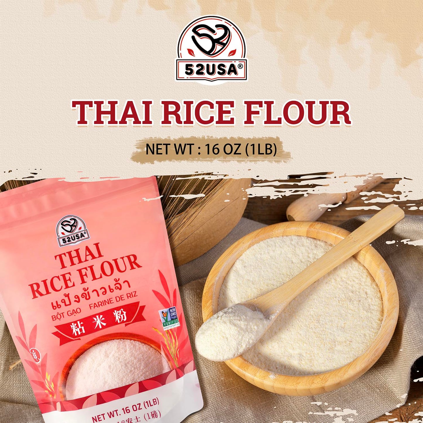 52USA Thai Rice Flour 1 Pound, 16 Oz (Pack of 1), Product of THAILAND | Rice Flour for Baking or Cooking, All Natural, White Rice Flour