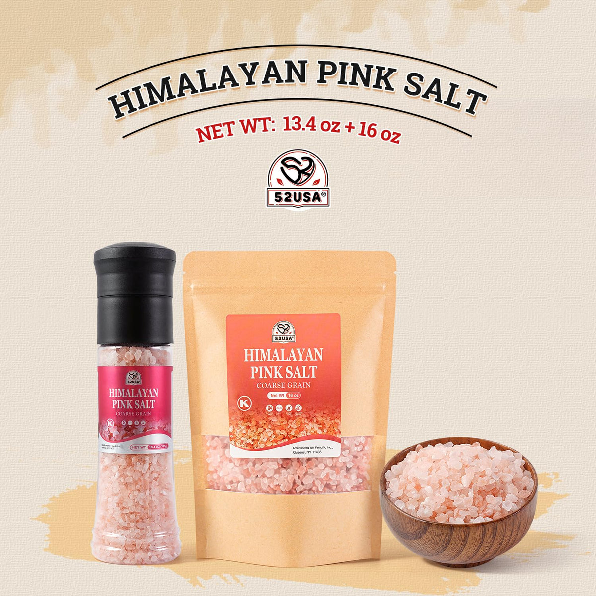 52USA Natural Coarse Pink Salt 380G & Himalayan Pink Coarse Salt 1LB, Unrefined Pure Himalayan Salt for Kitchen Cooking, Baking, Grilling & Seasoning