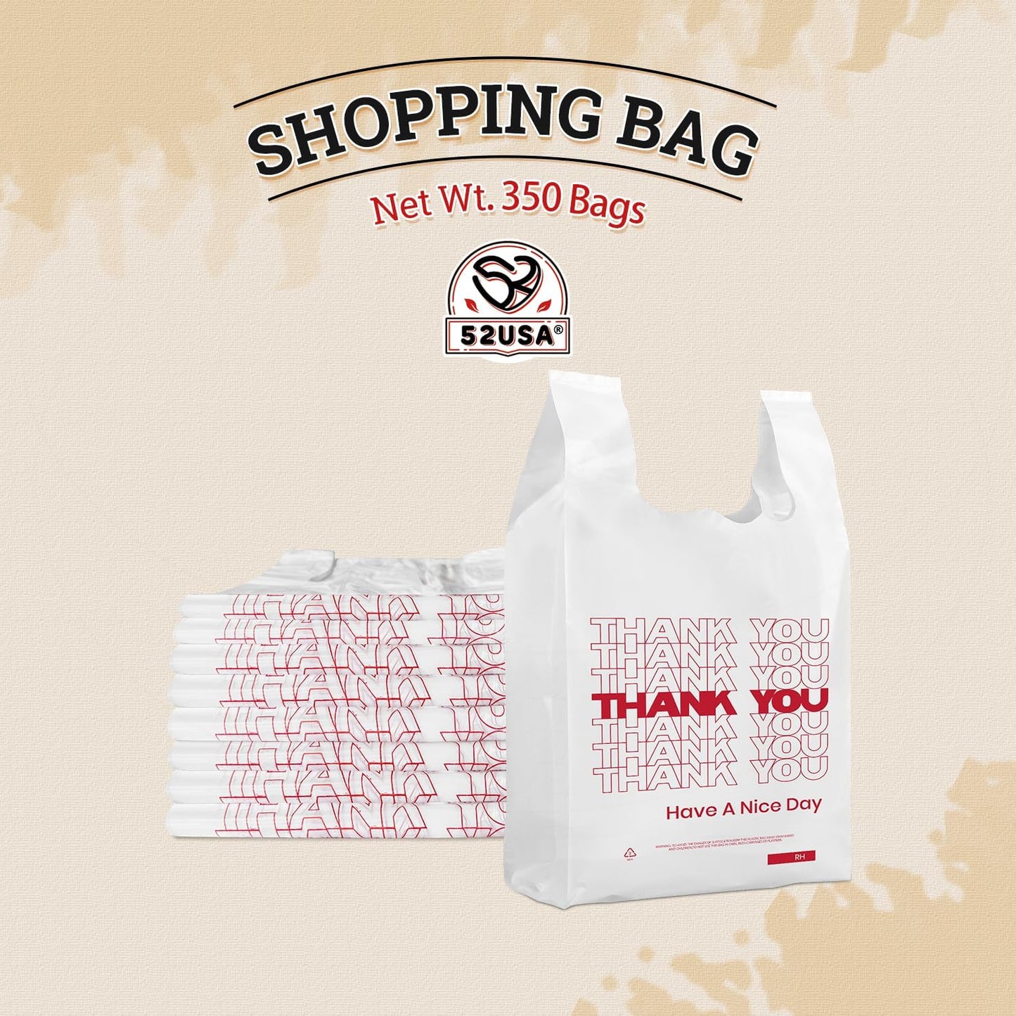 52USA Thank You Plastic Bags, 350 Pcs – White Shopping Bags with Handles for Grocery Stores, Restaurants