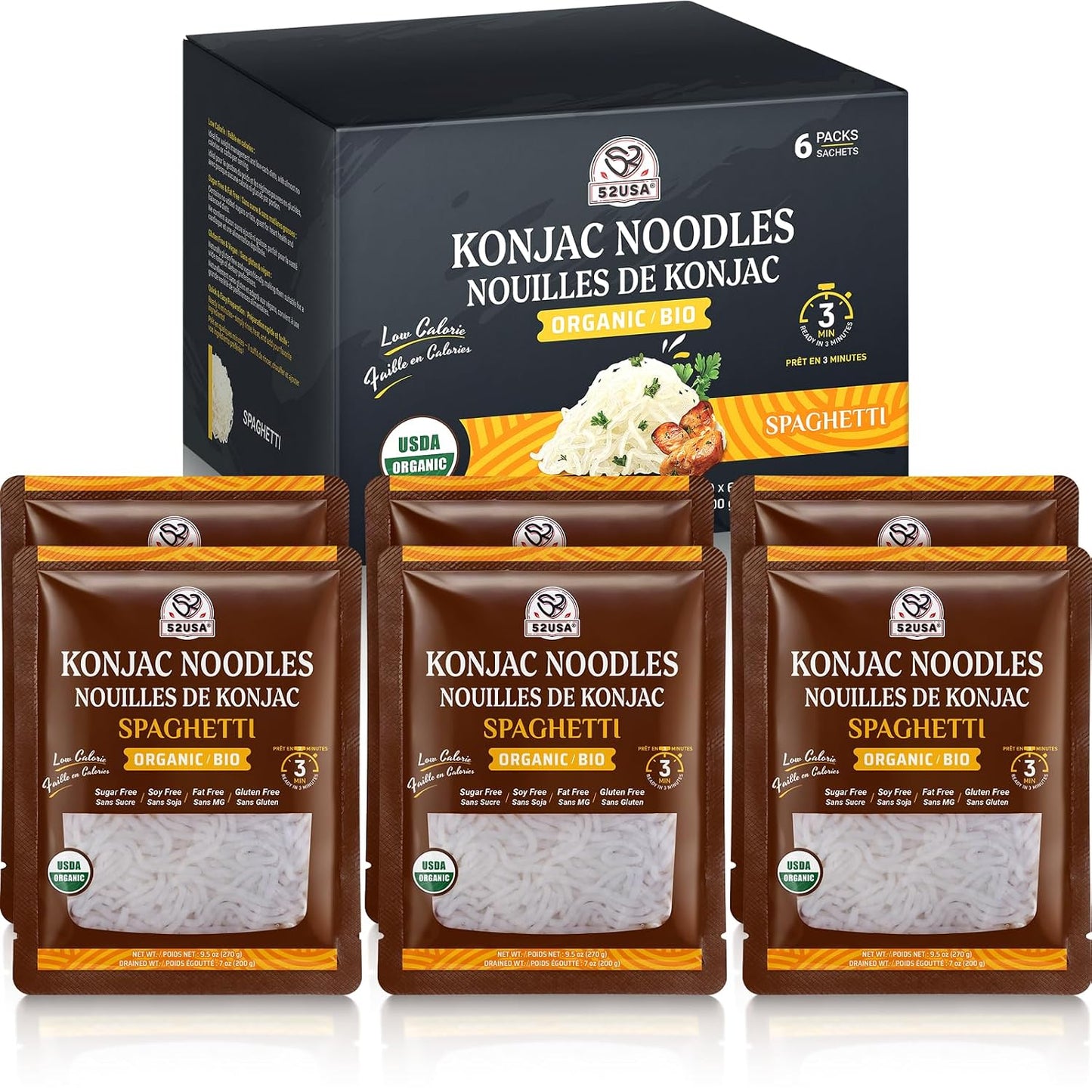 52USA Organic Konjac Spaghetti Noodle, 6-Pack (52.8 oz Total) – USDA Organic Shirataki Pasta, Low Carb, Keto Friendly, Vegan, Sugar-Free, Gluten-Free, Ready to Eat, High Fiber Noodles