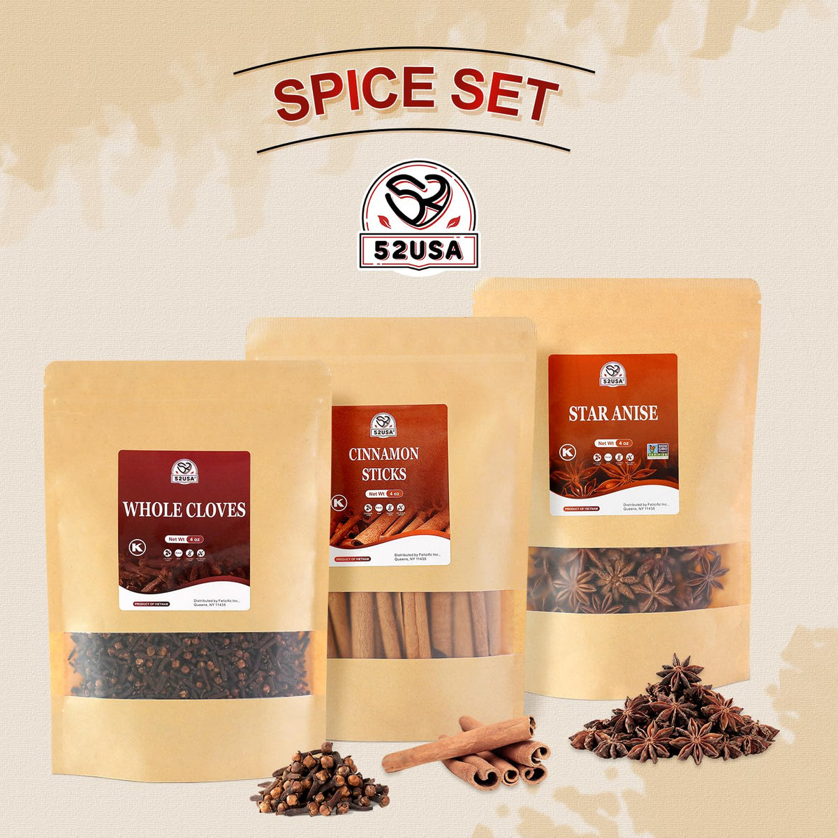 52USA Cinnamon Sticks, Cloves Whole, Star Anise-4oz Each, Natural Spice Set Spice Gift Set of 3, for Kitchen Refill, Cooking, No Preservatives, Cinnamon Sticks for Brewing Tea, Simmering Red Wine, Meat