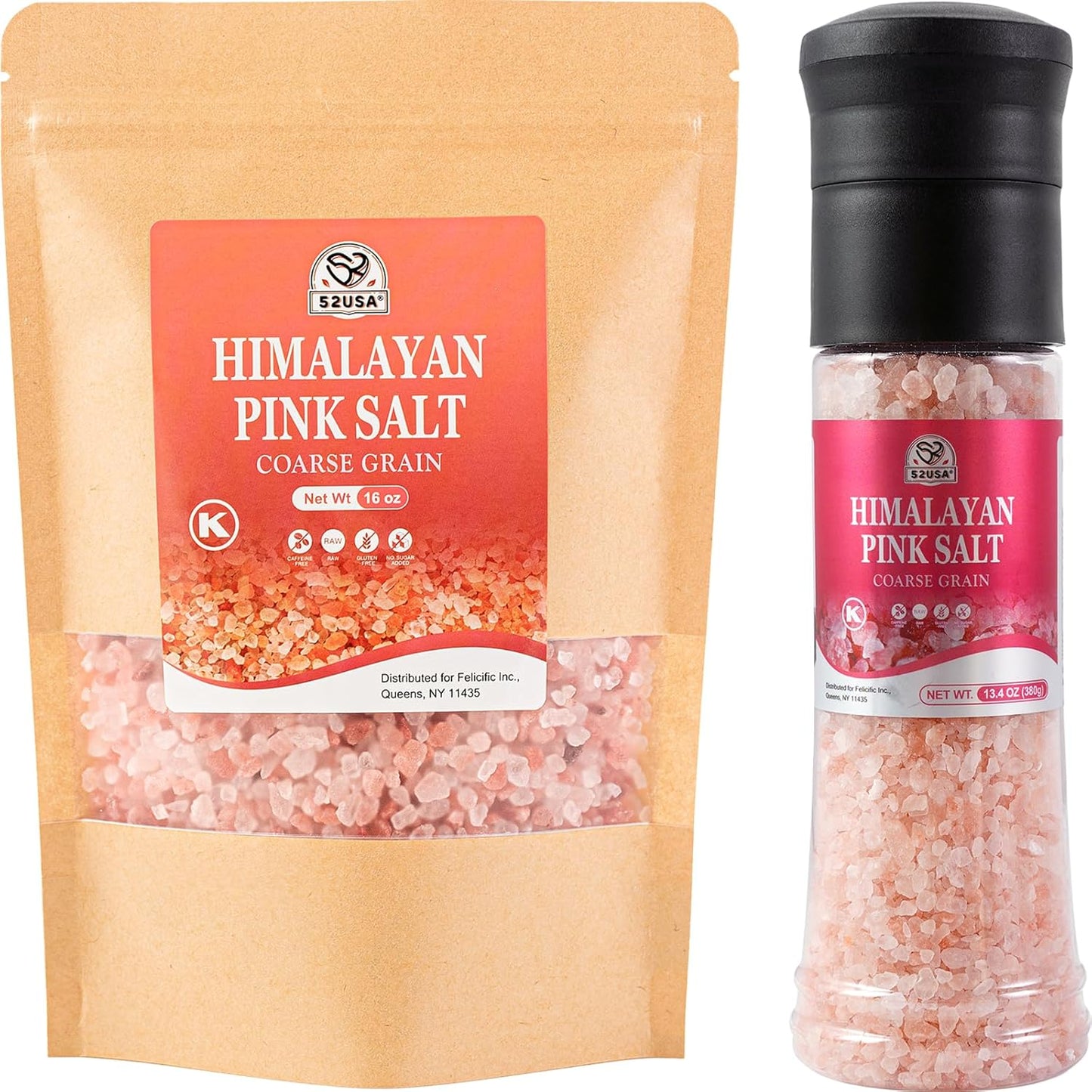 52USA Natural Coarse Pink Salt 380G & Himalayan Pink Coarse Salt 1LB, Unrefined Pure Himalayan Salt for Kitchen Cooking, Baking, Grilling & Seasoning