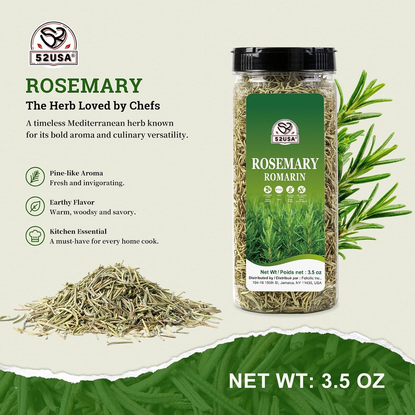 52USA Dried Rosemary Leaves, 3.5 oz (100g)