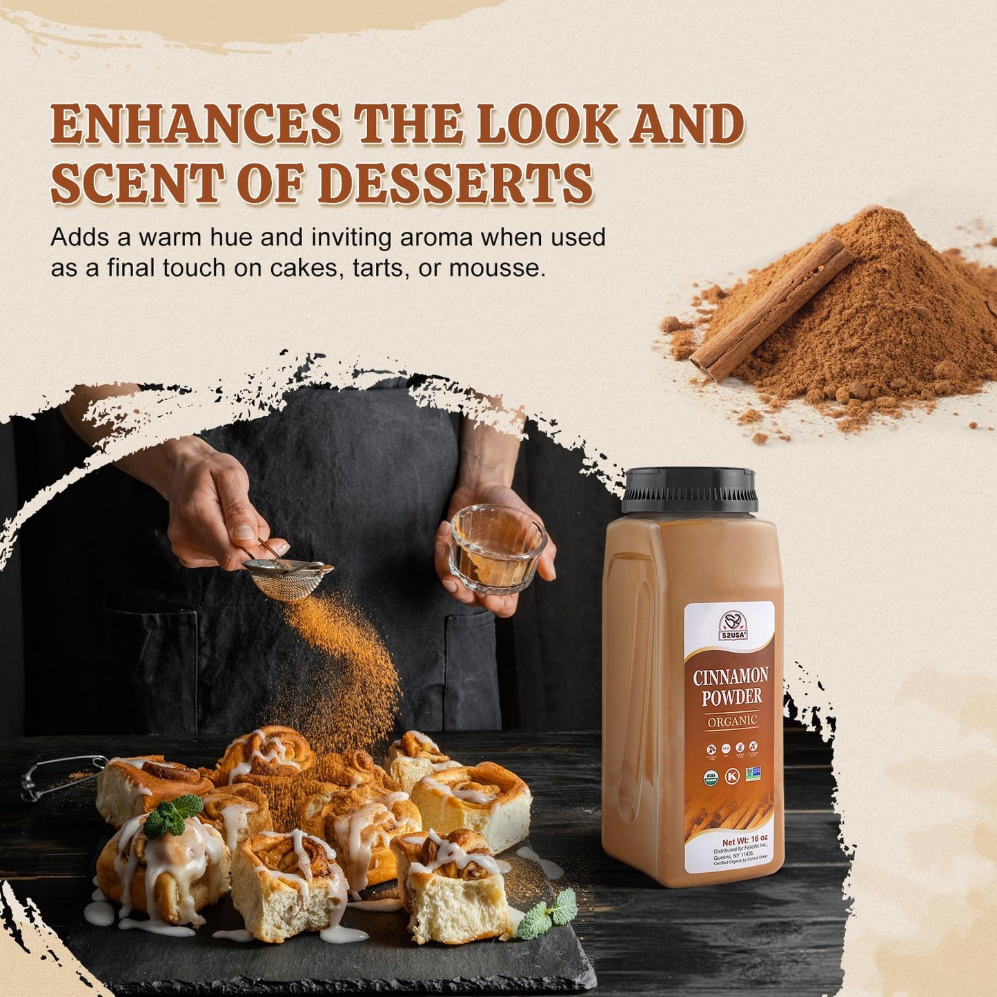 52USA Organic Cinnamon Powder,1 lb (16oz),Pure Ground Cinnamon, 100% Certified,Premium Quality Spice-Great for Baking,Cooking and Drinks,Additive Free, USDA & Kosher Certified, Non-GMO,Gluten Free