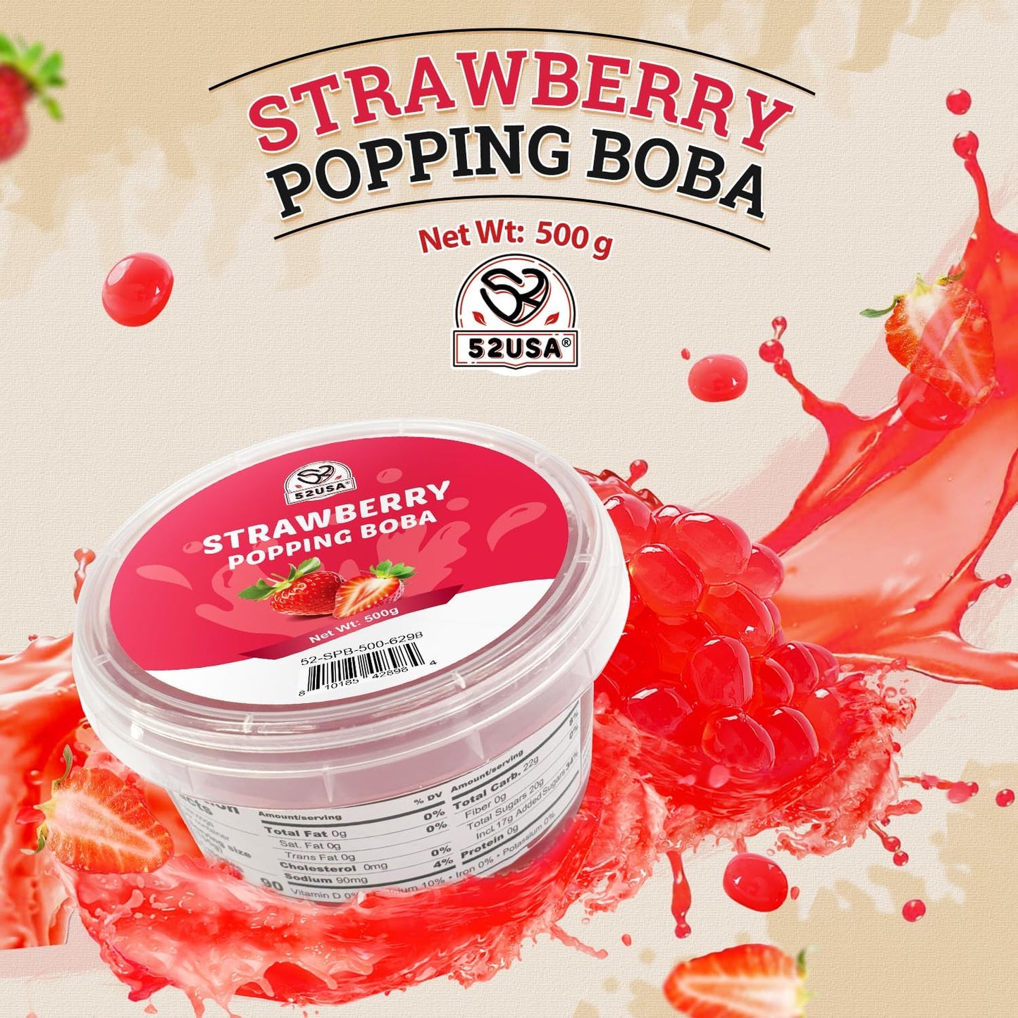 52USA Strawberry Popping Boba 500g (Pack of 3), Bursting Boba Pearls for Bubble Tea, Beverages, Sweets, Ice Cream, Shakes, Desserts & Smoothies Topping, boba party kit 1.1 Pound