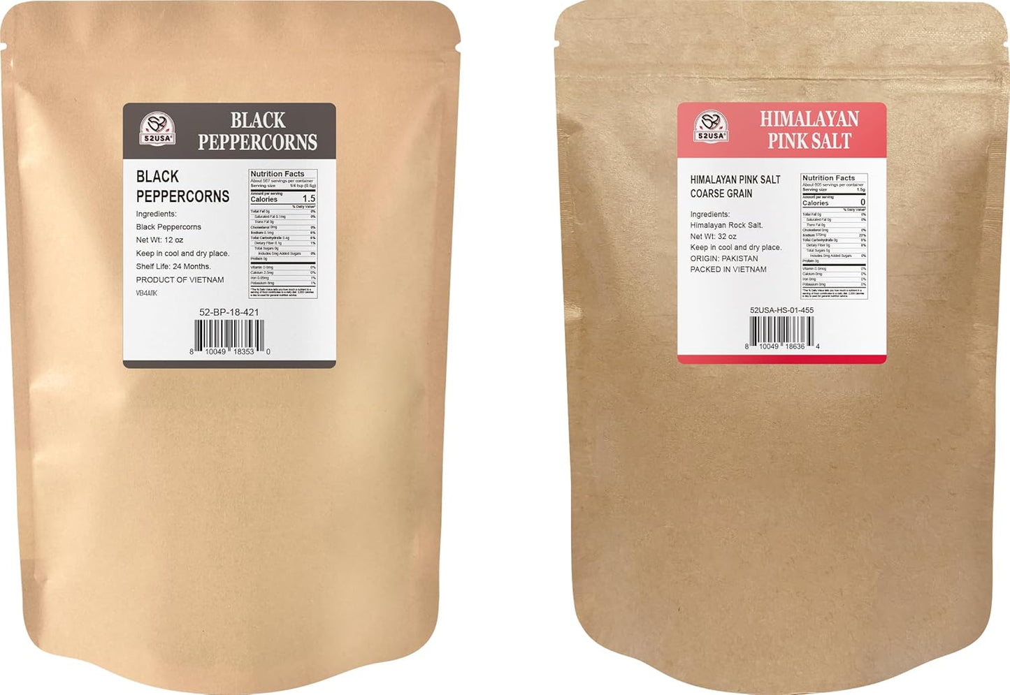 52USA Black Peppercorns 18oz + Himalayan Pink Salt 39oz