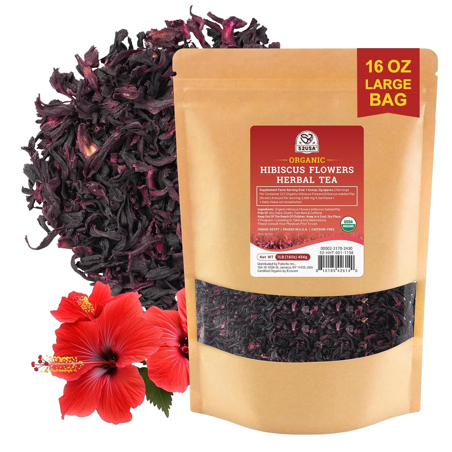 52USA Organic Hibiscus Tea Loose Leaf, Dried Hibiscus Flowers, 1 lb (16oz) | Hibiscus Chai Tea, 100% Certified Organic, Cut and Sifted, Flor de Jamaica, Gluten Free, Non GMO, Herbal Tea (200+cups)