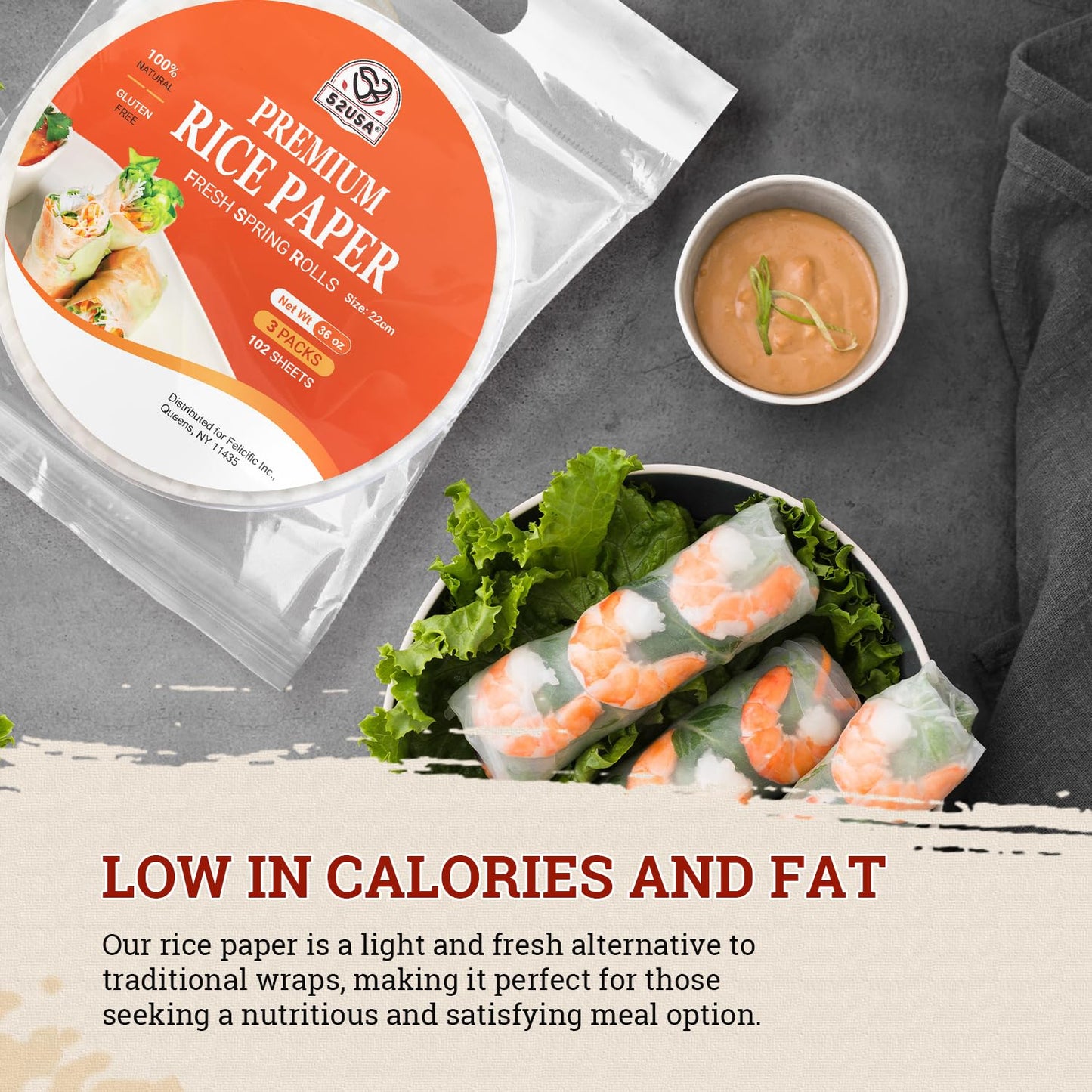 52USA Rice Paper, 3 Pack 102 Sheets, Spring Roll Wrappers & Dumpling Gluten Free, Wonton Wrappers, Vegan, Low Carb, Vietnamese Rice Wraps (Round, 22cm)