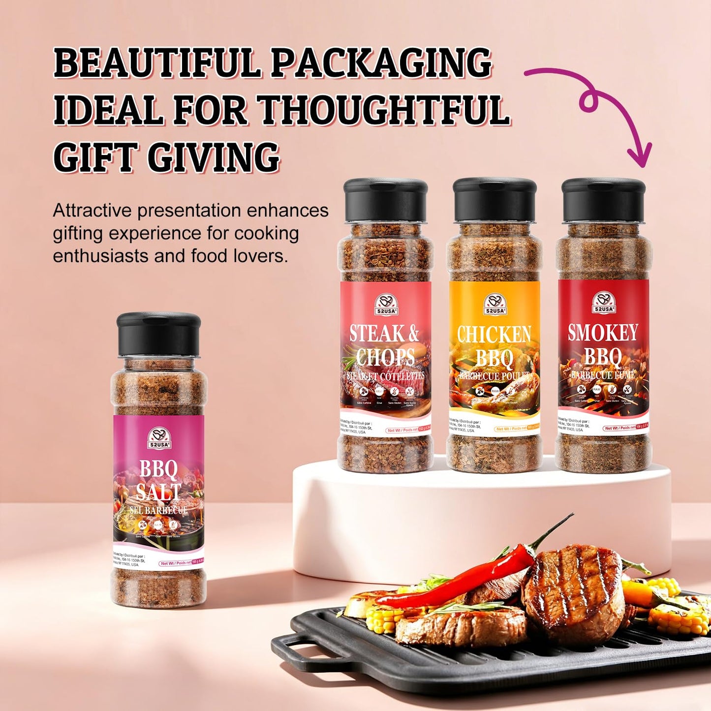 52USA BBQ Seasoning Set, Seasonings Variety Pack for Grilling and Smoking | Smoky BBQ, Steak Chops, BBQ Salt, Chicken BBQ, Good for all Around Cooking & Air Fryers, BBQ Rubs Gift Set-4 Pack