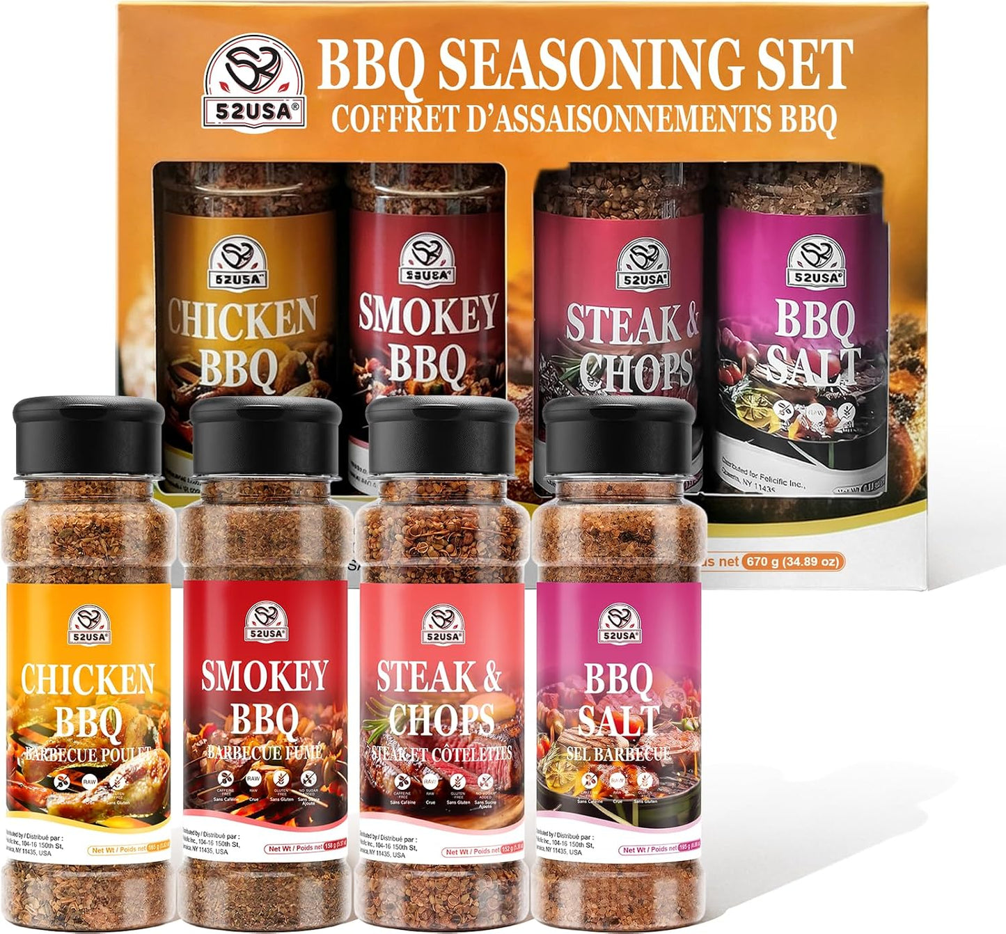 52USA BBQ Seasoning Set, Seasonings Variety Pack for Grilling and Smoking | Smoky BBQ, Steak Chops, BBQ Salt, Chicken BBQ, Good for all Around Cooking & Air Fryers, BBQ Rubs Gift Set-4 Pack