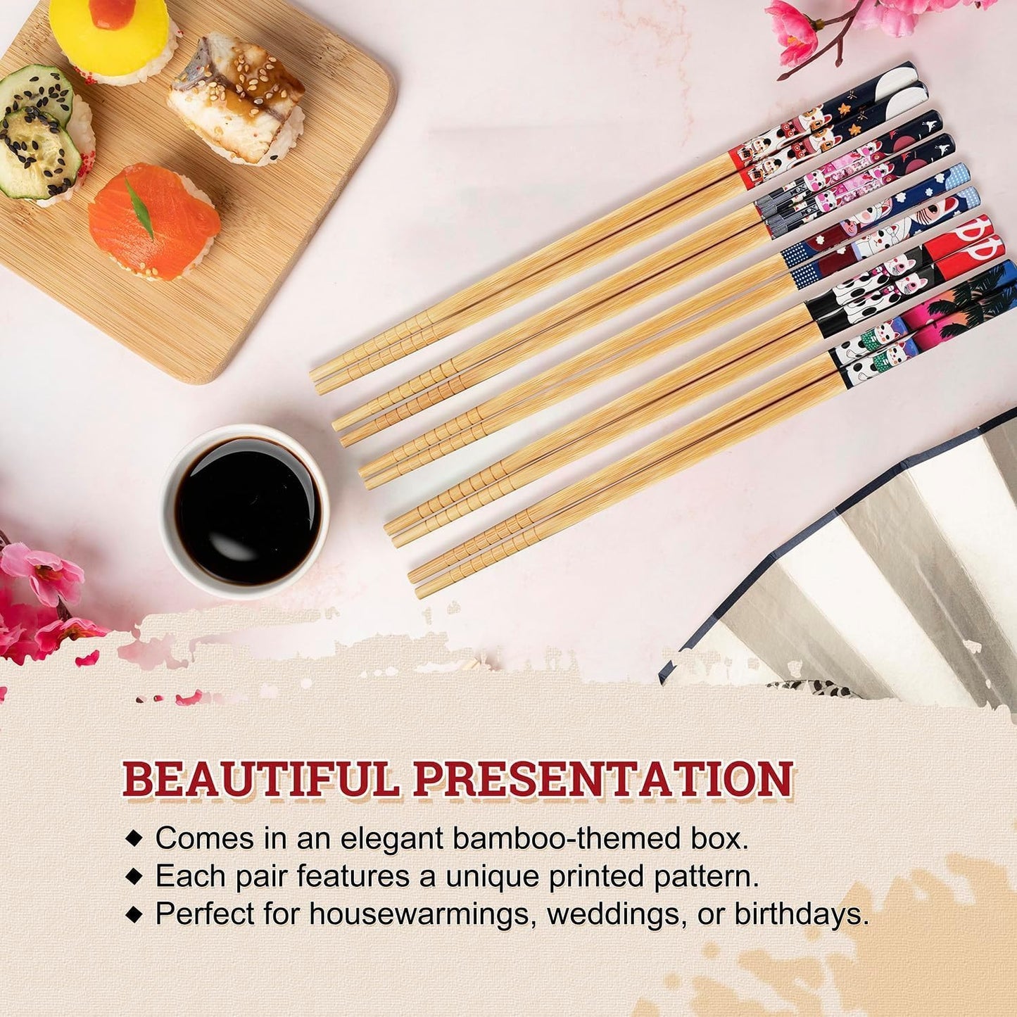 52USA Bamboo Chopsticks, Reusable with Case, Dishwasher Safe, 5 Pairs–Natural Wooden Chopsticks Gift Set for Sushi, Noodles, Ramen & Asian Cuisine, Classic Japanese Chop sticks Gift Box, 9 Inch/22.9cm